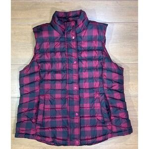 Gap Womens XL Puffer Vest Burgundy Black Buffalo Plaid Quilted Snap Zip Front